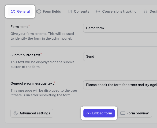 Embed form button