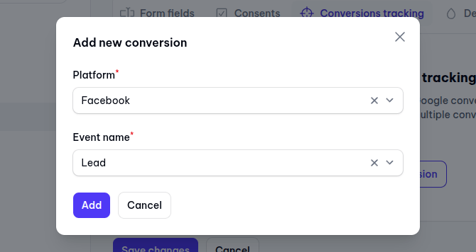 Add new conversion pop-up