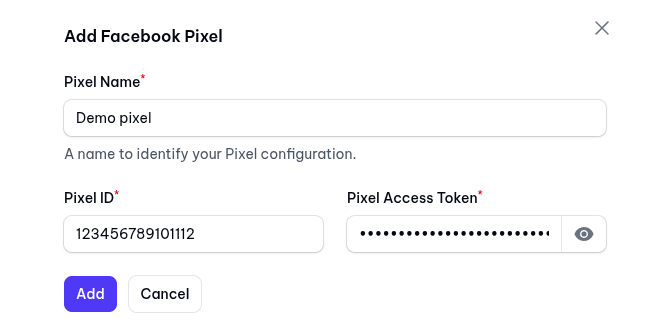 Facebook pixel configuration window
