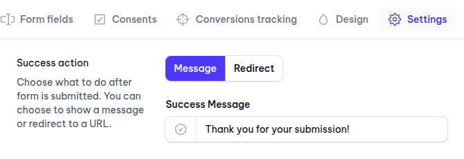 Success action after form submission