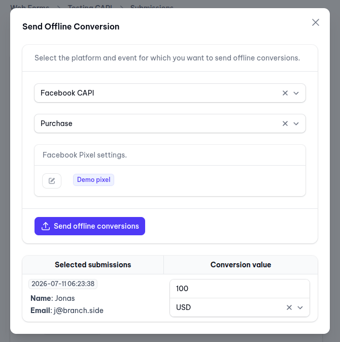 Configuration window for sending offline conversions