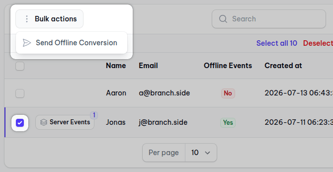 Selecting multiple submissions for offline conversions using bulk actions