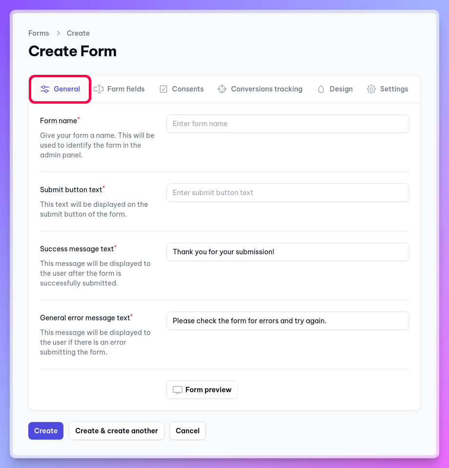 Edit general form settings