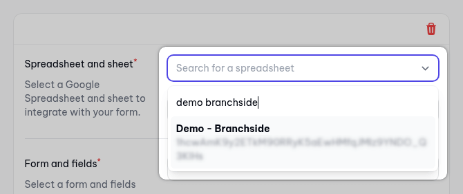 Search and select a spreadsheet for your integration