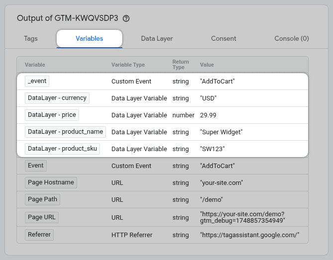 GTM Preview Variables Tab