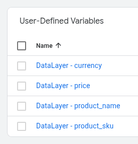 GTM User-Defined Varialbe List