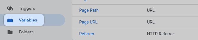 GTM Variables menu item