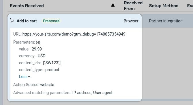 Meta Events Manager Test Events Example