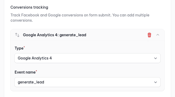 Branchside form conversion tracking settings