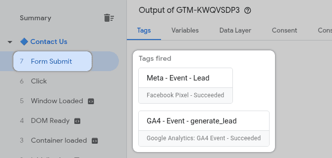 GTM preview form submission tags fired