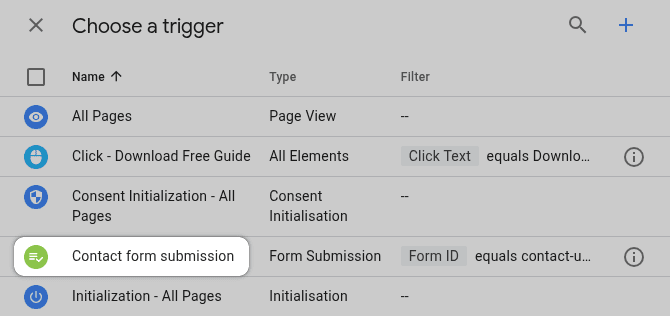 GTM select form submission trigger