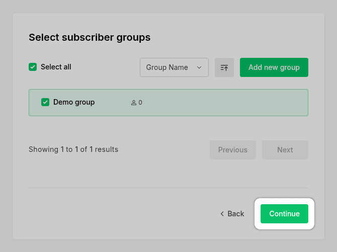 MailerLite Continue after group select