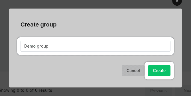 MailerLite create group modal window