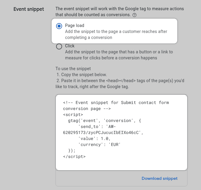 Google Ads Tag Setup - Event Snippet