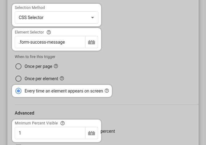 GTM Element Visibility Trigger Settings
