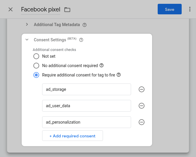 Configuring built-in consent checks for Meta Pixel tag
