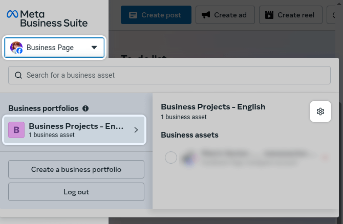 Select business portfolio settings in Meta Business Suite