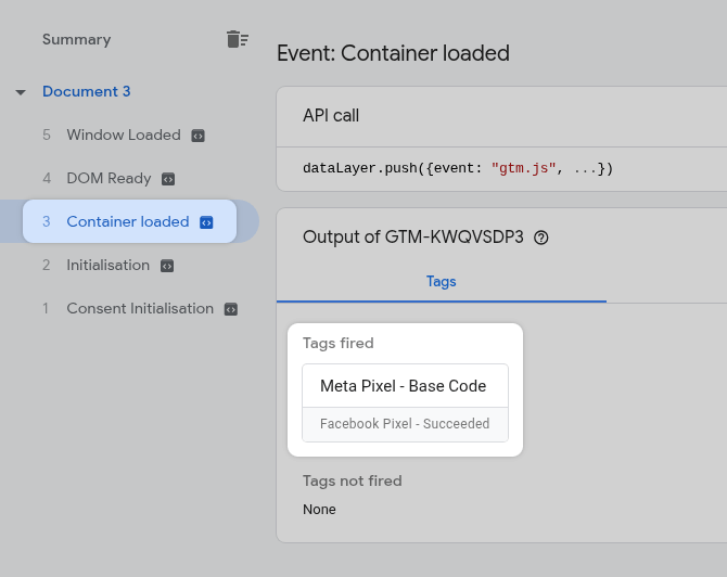 GTM Container Loaded Facebook tag fired