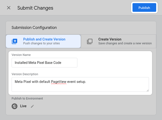 GTM Publish new container version
