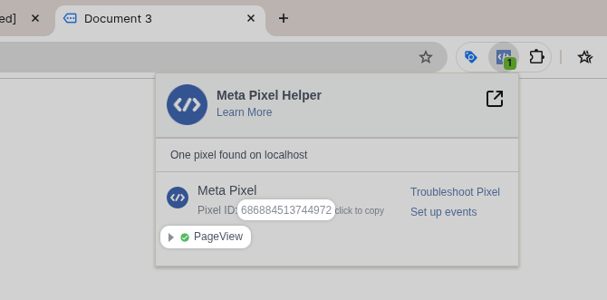Meta Pixel Helper PageView event listed