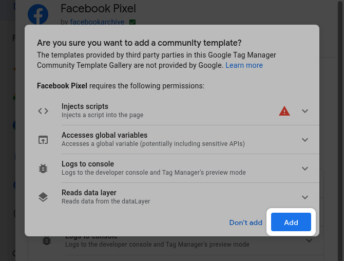 Confirm Permissions for Facebook Pixel by facebookarchive in GTM