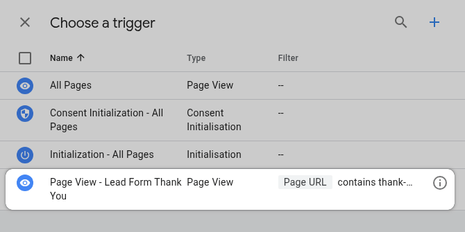 GTM Choose a trigger - Page View - Thank you page