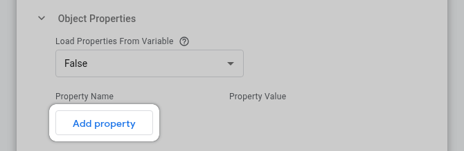 GTM Facebook Pixel Object Properties Add property button