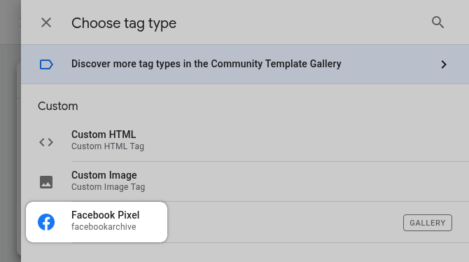 GTM Facebook Pixel tag type