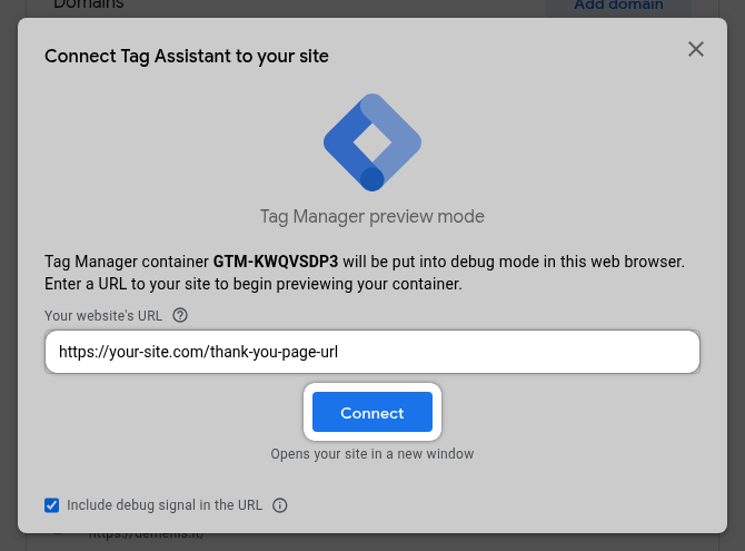 GTM Preview enter URL and Connect