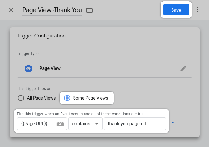 GTM page URL trigger settings