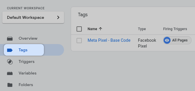 GTM Tags menu item