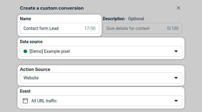 Meta Pixel create Custom Conversion form part 1