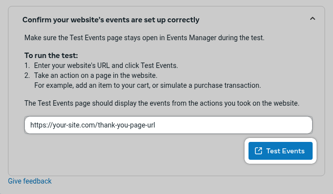 Meta Event Manager Test Events enter URL