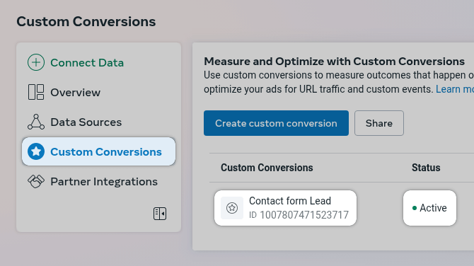 Meta Event Manager Custom Conversion Status Active